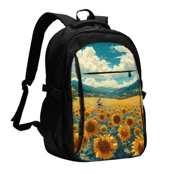 Balery Field Style Bicycle Young Sunflower Print USB Charging Backpack for Men and Women - Water-Resistant, Anti-Theft Laptop Backpack with USB Port for Travel, Work, School, and College