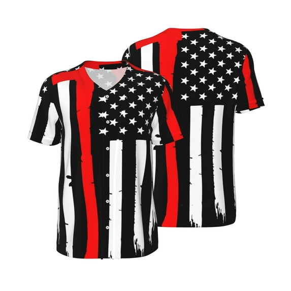 Balery Firefighters USA Flag Baseball Jersey for Men Casual Button Down Shirts Short Sleeve Active Team Sports Uniform-Medium