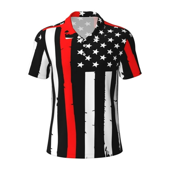 Balery Firefighters USA Flag Printed Men’s Short Sleeve Polo Shirt, Midweight Men's Shirt,Golf Polo shirts -3X-Large
