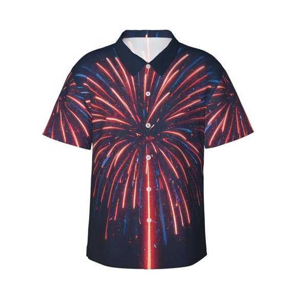 Balery Fireworks3 Print Men's Hawaiian Shirts Short Sleeve Beach Shirt Relaxed Fit Vacation Button Down Shirts-XX-Large