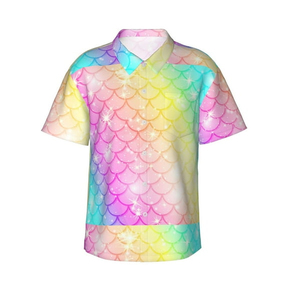 Balery Fish Scale Print Men's Hawaiian Shirts Short Sleeve Beach Shirt Relaxed Fit Vacation Button Down Shirts-3X-Large