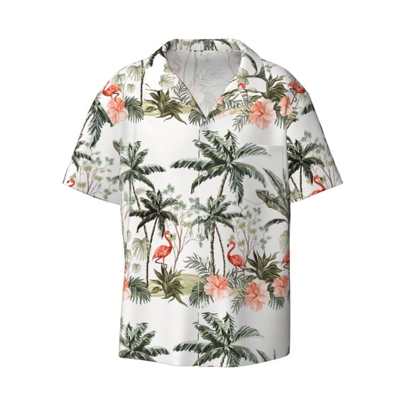 Balery Flamingo Palm Trees Men's Casual Button Down Shirt Short Sleeve Textured Summer Cuban Beach Shirts-4X-Large