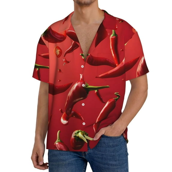 Balery Floating Red Chili Peppers Men's Casual Button Down Shirt Short Sleeve Textured Summer Cuban Beach Shirts-Small