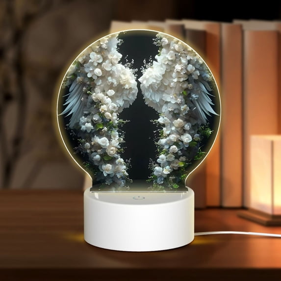 Balery Floral Angelic White Wings Pattern Acrylic Night Light Gift with 3 Color ModesTouch-Sensitive LED Lamp Perfect Gift for Mother's Day, Birthday, or Christmas