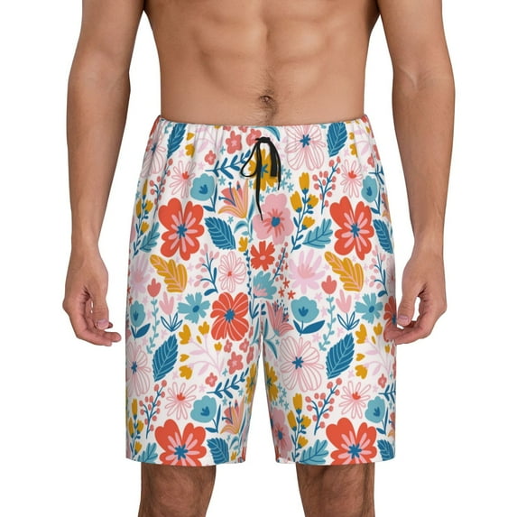Balery Floral Ditsy Men's Cotton Knit Pajama Shorts Waistband & Pockets,Short Pajama Pants-Medium