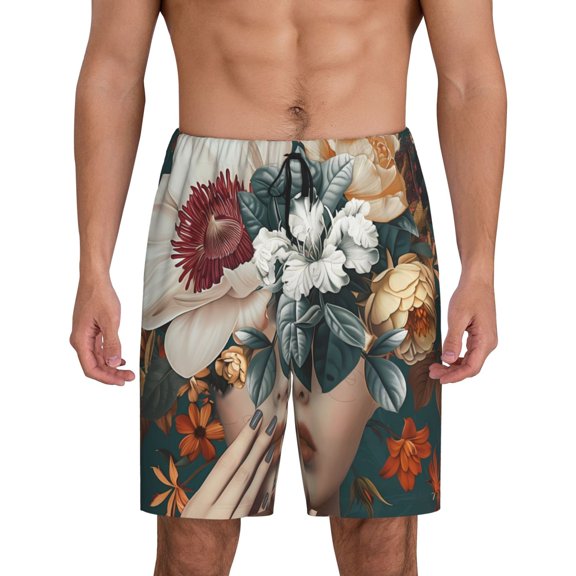 Balery Floral Head Dreamscape Men's Cotton Knit Pajama Shorts Waistband & Pockets,Short Pajama Pants-Small