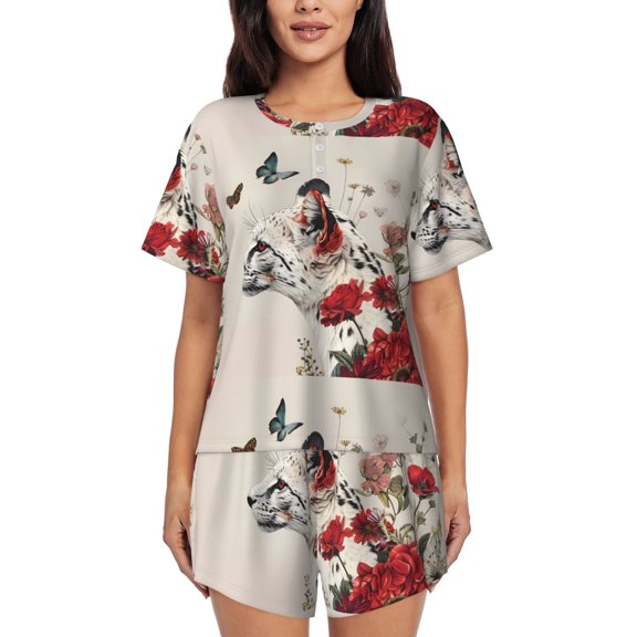 Balery Floral Leopard Butterflies Pattern Womens Pajama Sets 2 Piece Soft Short Sleeve Top and Shorts Sleepwear Round Neck Pjs Lounge Set with Pockets-Small