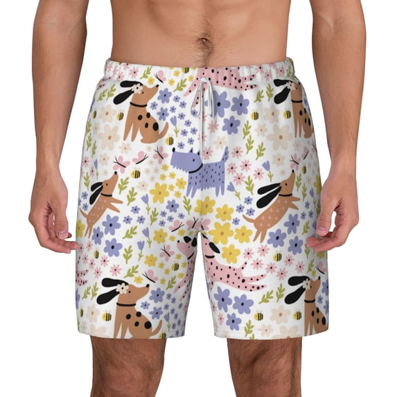 Balery Floral Puppy Mens Swim Trunks Swim Shorts for Men Quick Dry Inseam Beach Shorts with Compression Liner Pocket-X-Large