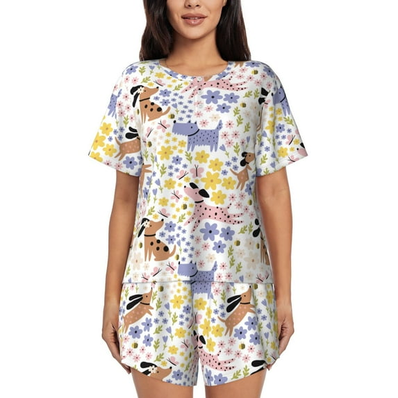 Balery Floral Puppy Pattern Womens Pajama Sets 2 Piece Soft Short Sleeve Top and Shorts Sleepwear Round Neck Pjs Lounge Set with Pockets-