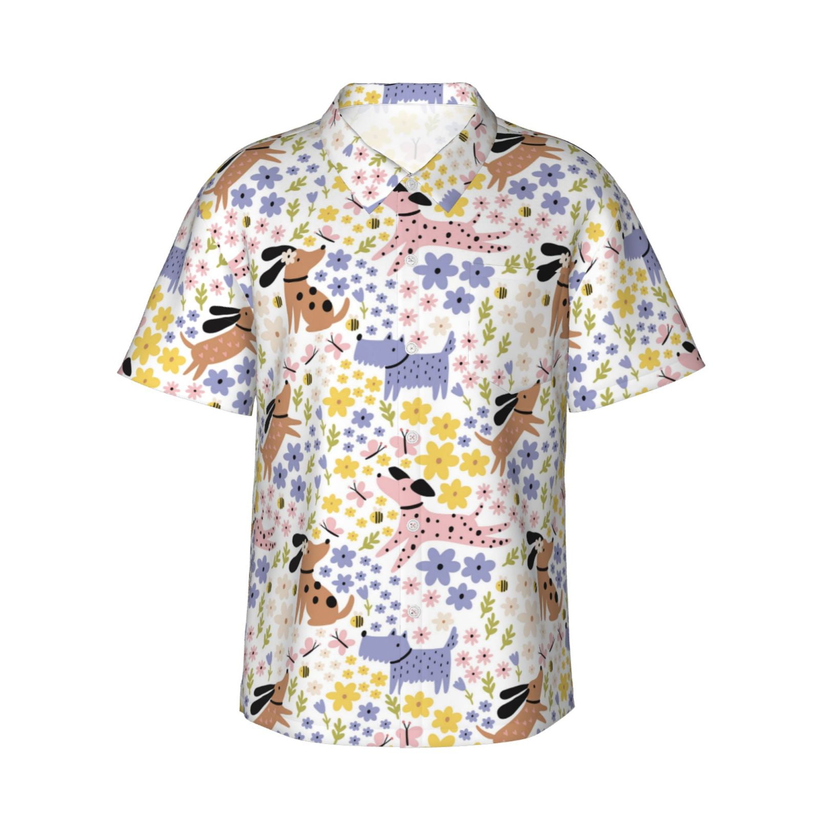 Balery Floral Puppy Print Men's Hawaiian Shirts Short Sleeve Beach