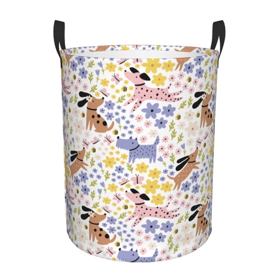 Balery Floral Puppy Round Laundry Basket with Handles Waterproof Freestanding Laundry Hamper for Clothes Toys in the Dorm and Family-Medium