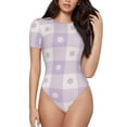 thumbnail image 1 of Balery Floral Purple Buffalo Plaid Women's Short Sleevee Crew Neck Bodysuit Tops Short Sleeve Tops Basic-X-Large, 1 of 9