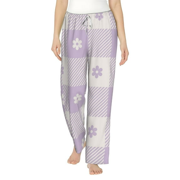 Balery Floral Purple Buffalo Plaid print Women's Pajama Pants,Ultra Lightweight Pjs,Lounge Pant-XX-Large