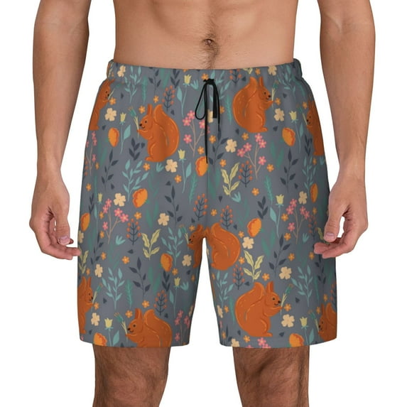 Balery Floral Squirrel Mens Swim Trunks Swim Shorts for Men Quick Dry Inseam Beach Shorts with Compression Liner Pocket-3X-Large