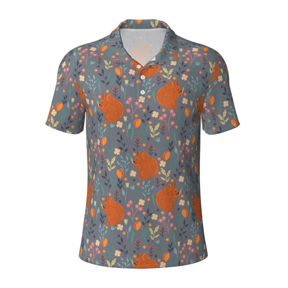 Balery Floral Squirrel Printed Men’s Short Sleeve Polo Shirt, Midweight Men's Shirt,Golf Polo shirts -Large