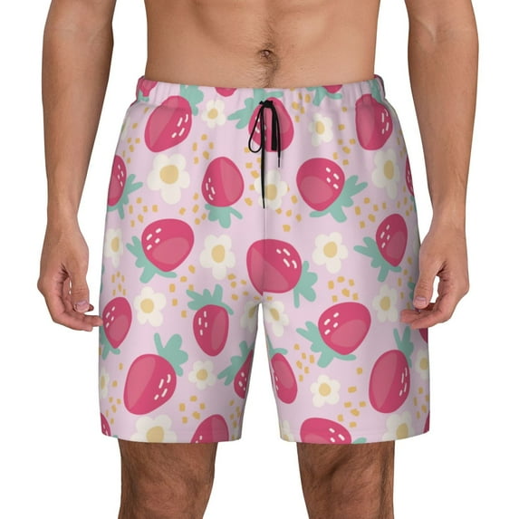 Balery Floral Strawberr Mens Swim Trunks Swim Shorts for Men Quick Dry Inseam Beach Shorts with Compression Liner Pocket-X-Large