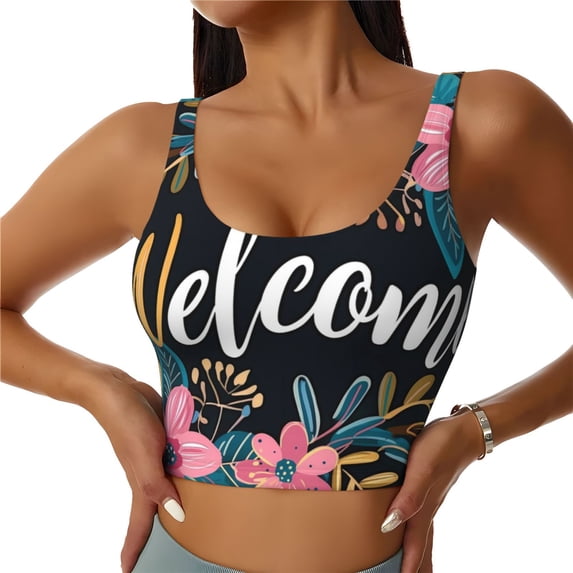 Balery Floral Welcome Sign Pattern Racerback Sports Bras for Women - Padded Seamless High Impact Support for Yoga Gym Workout Fitness-X-Large