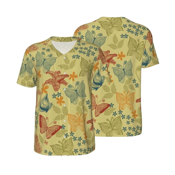 Balery Floral with Butterflies Baseball Jersey for Men Casual Button Down Shirts Short Sleeve Active Team Sports Uniform-4X-Large