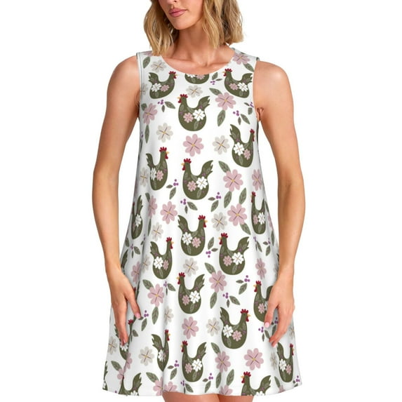 Balery Flowe Rooster Pattern Women’s Summer Dresses – Loose Sleeveless Sundress, Casual and Comfortable Beach Dress for Hot Days