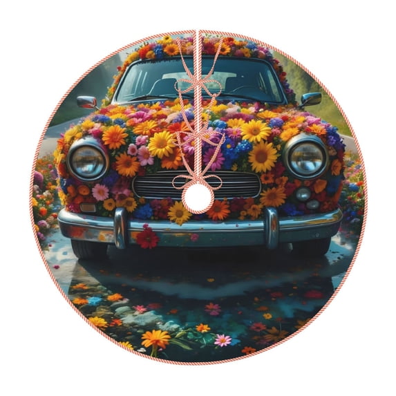 Balery Flower Covered Vintage Car Printed Christmas Tree Skirt , Merry Christmas Party Christmas Tree Decoration,Adjustable Tree Skirt-48"