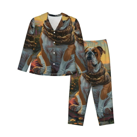 Balery Flower Field Cute Bulldog Pattern Pajama Sets for Women Long Sleeve 2 Piece Sleepwear Loungewear Sets Soft PJ's with Pockets Long Sleeve Comfy Pj Sets-Small