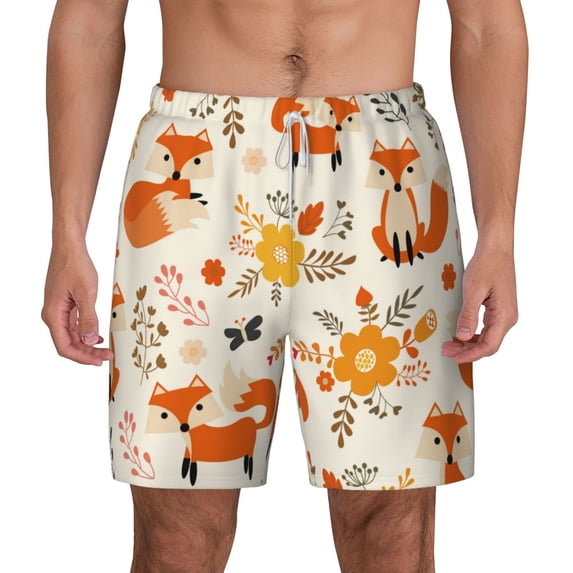 Balery Flower Fox Mens Swim Trunks Swim Shorts for Men Quick Dry Inseam Beach Shorts with Compression Liner Pocket-Small