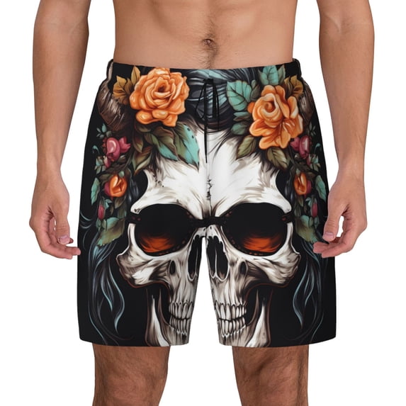 Balery Flower Horn Skull Mens Swim Trunks Swim Shorts for Men Quick Dry Inseam Beach Shorts with Compression Liner Pocket-Small