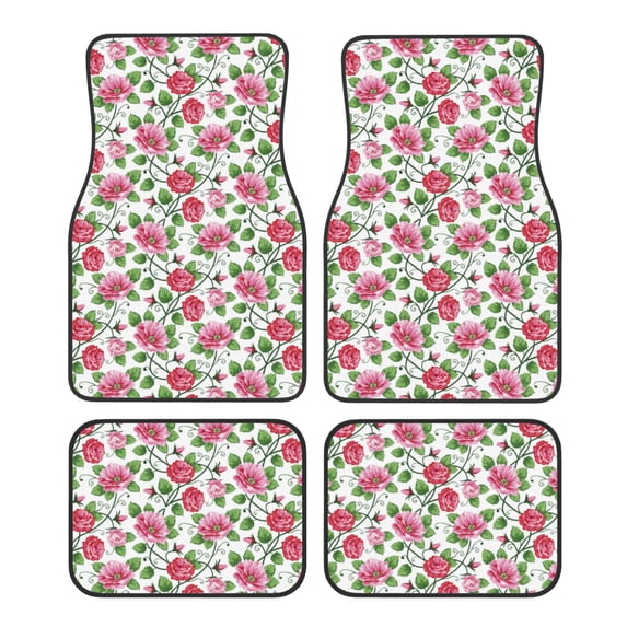 Balery Flower Pattern 4-Piece Floor Mats, Heavy-Duty Rubber Liners, Anti-Slip Design, All-Season Automotive Protection, Vehicles, Cars, Trucks, and SUVs