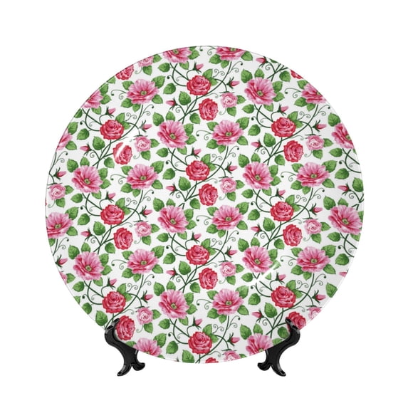 Balery Flower Print Bone China Decorative Plate Ceramic Dinner Plates Art Crafts with Display Stand-8in
