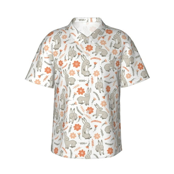 Balery Flower Rabbit Print Men's Hawaiian Shirts Short Sleeve Beach Shirt Relaxed Fit Vacation Button Down Shirts-Large