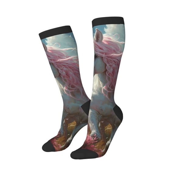 Balery Flower White Horse (2) Printed Novelty Socks Men's Women's Crew Socks Sports Socks Knee High Socks Cotton Socks Quirky and Cool Socks