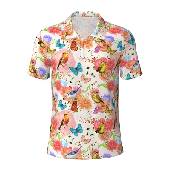 Balery Flowers And Birds Watercolor Printed Men’s Short Sleeve Polo Shirt, Midweight Men's Shirt,Golf Polo shirts -Small