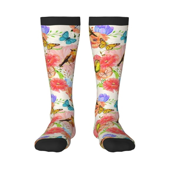 Balery Flowers And Birds Watercolor Printed Novelty Socks Men's Women's Crew Socks Sports Socks Knee High Socks Cotton Socks Quirky and Cool Socks