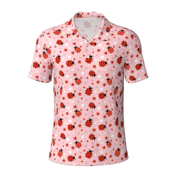 Balery Flowers And Ladybugs Printed Men’s Short Sleeve Polo Shirt, Midweight Men's Shirt,Golf Polo shirts -3X-Large