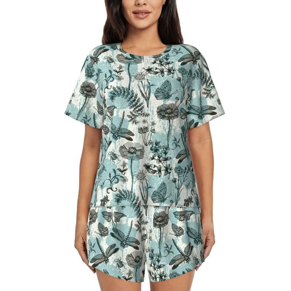 Balery Flowers In Vintage Pattern Womens Pajama Sets 2 Piece Soft Short Sleeve Top and Shorts Sleepwear Round Neck Pjs Lounge Set with Pockets-X-Large