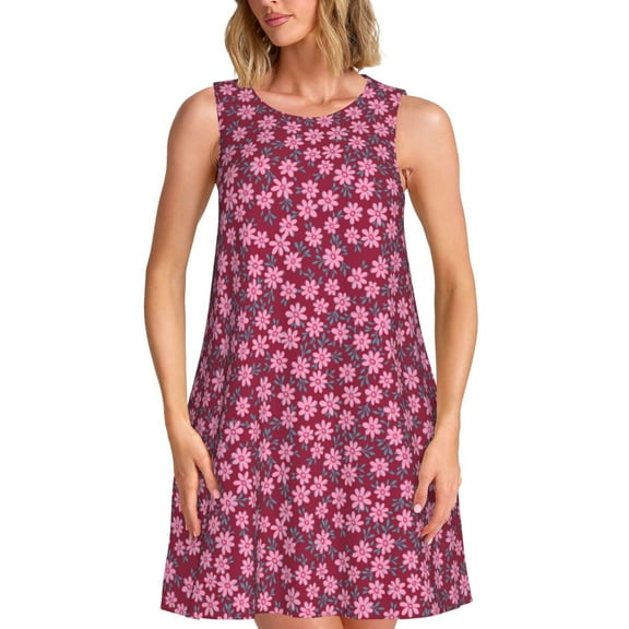 Balery Flowers With Green Leaves Pattern Women’s Summer Dresses – Loose Sleeveless Sundress, Casual and Comfortable Beach Dress for Hot Days
