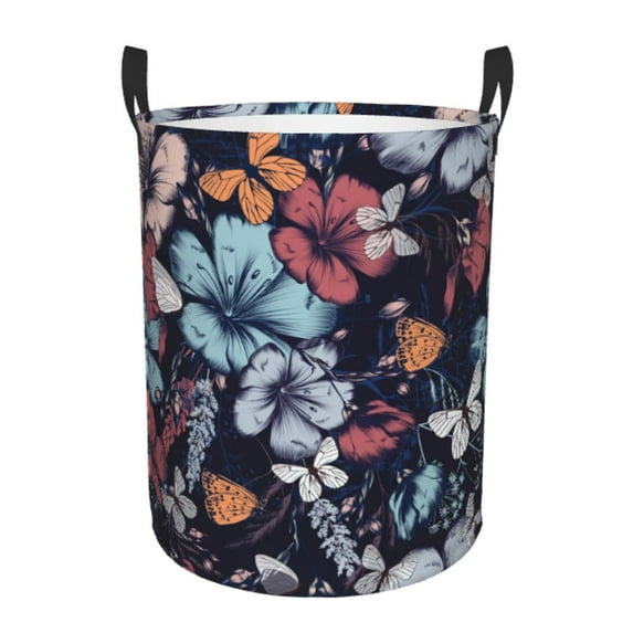 Balery Flowers ad Butterflies Round Laundry Basket with Handles Waterproof Freestanding Laundry Hamper for Clothes Toys in the Dorm and Family-Medium