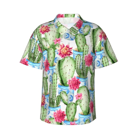Balery Flowers and Cactus Print Men's Hawaiian Shirts Short Sleeve Beach Shirt Relaxed Fit Vacation Button Down Shirts-3X-Large