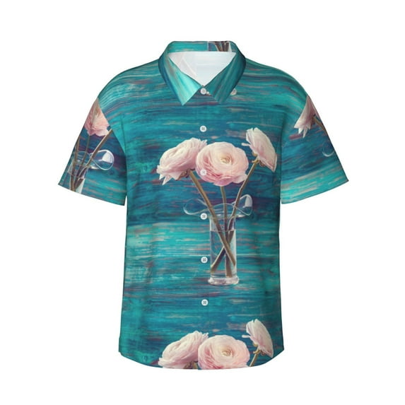 Balery Flowers in Glass Vase Print Men's Hawaiian Shirts Short Sleeve Beach Shirt Relaxed Fit Vacation Button Down Shirts-XX-Large