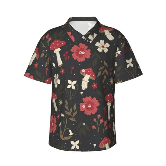 Balery Fly Agaric and Flowers Print Men's Hawaiian Shirts Short Sleeve Beach Shirt Relaxed Fit Vacation Button Down Shirts-Large