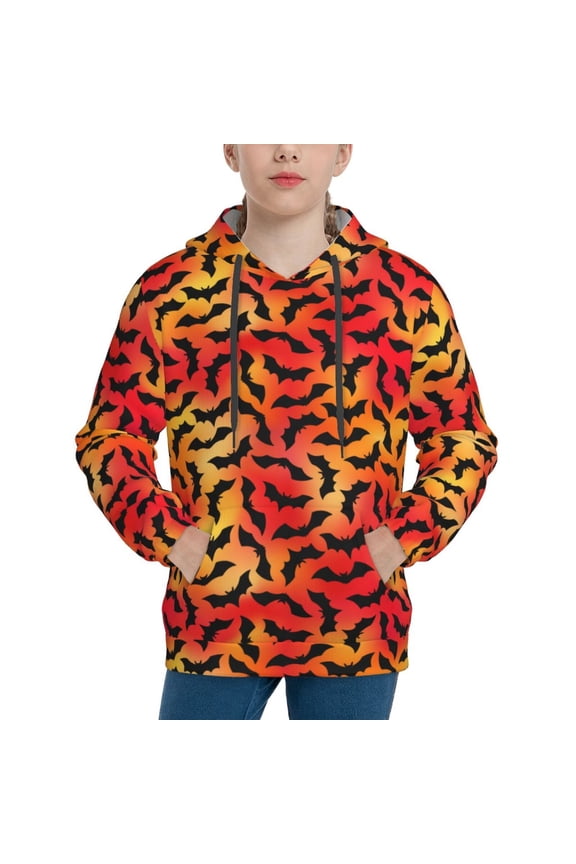 Flying Black Bat Pattern Boys Hoodie, Youth Pullover Hooded Sweatshirt, Kangaroo Pocket Hoodie for Kids Girls -Medium