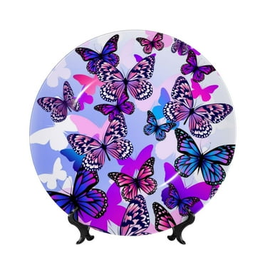 Balery Flying Butterflies Print Bone China Decorative Plate Ceramic Dinner Plates Art Crafts with Display Stand-6in