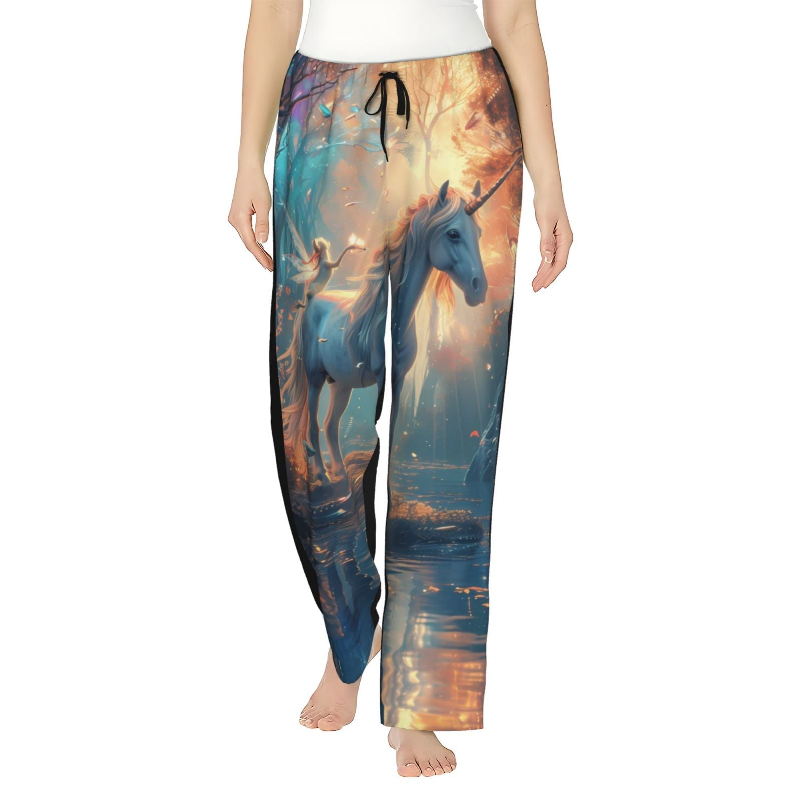Balery Forest Lake White Horse print Women's Pajama Pants,Ultra