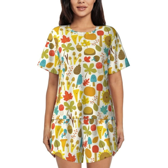 Balery Forest Mushrooms Pattern Womens Pajama Sets 2 Piece Soft Short Sleeve Top and Shorts Sleepwear Round Neck Pjs Lounge Set with Pockets-Medium