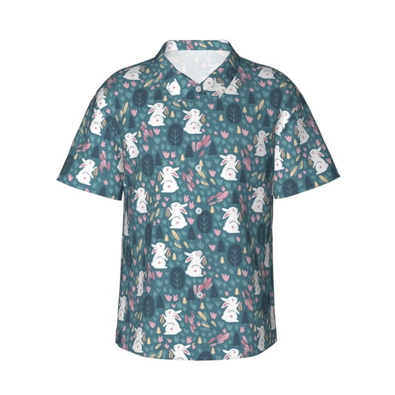 Balery Forest Rabbit Print Men's Hawaiian Shirts Short Sleeve Beach Shirt Relaxed Fit Vacation Button Down Shirts-X-Large