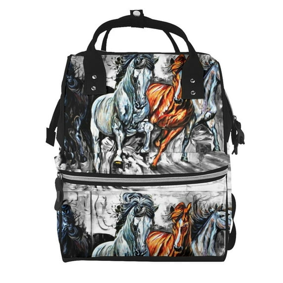 Balery Four Running Horses Mummy Backpack - Waterproof Twill Canvas, Large Capacity Diaper Bag with Multiple Pockets and Adjustable Straps