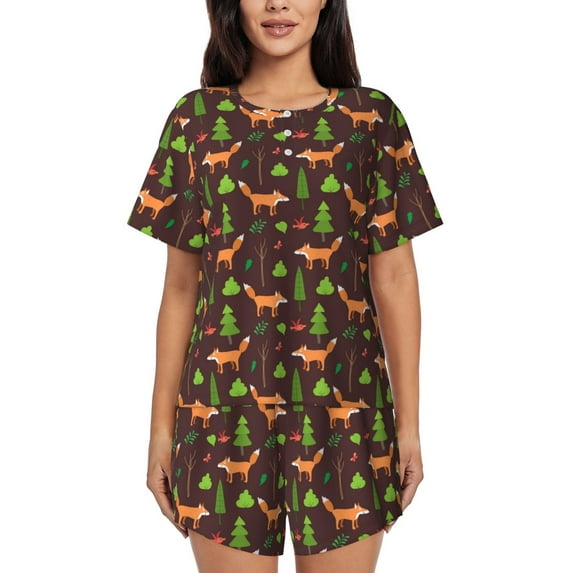 Balery Fox In Forest Pattern Womens Pajama Sets 2 Piece Soft Short Sleeve Top and Shorts Sleepwear Round Neck Pjs Lounge Set with Pockets-Large