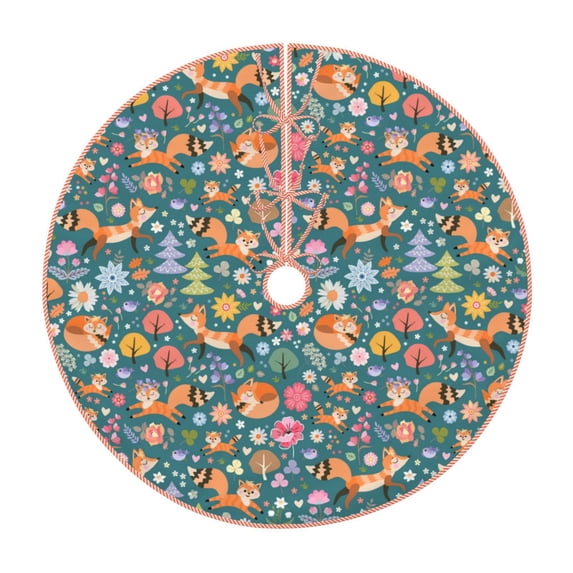 Balery Foxes and Birds in Forest Printed Christmas Tree Skirt , Merry Christmas Party Christmas Tree Decoration,Adjustable Tree Skirt-30"