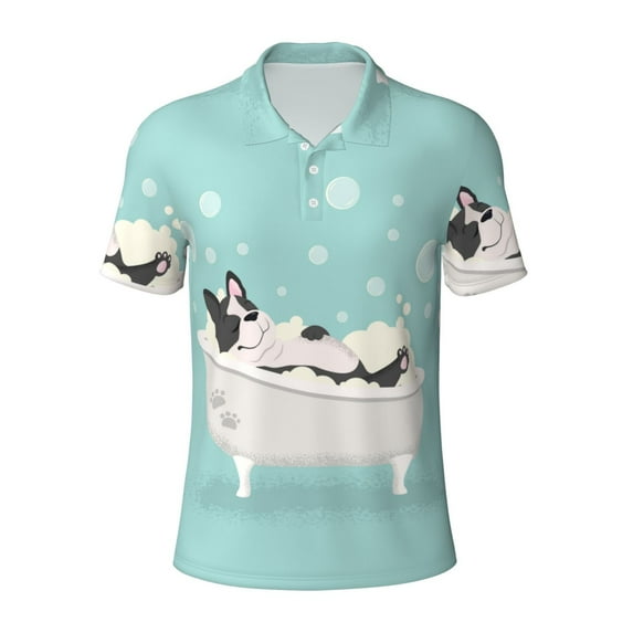 Balery French Bulldog Taking a Bath Printed Men’s Short Sleeve Polo Shirt, Midweight Men's Shirt,Golf Polo shirts -3X-Large