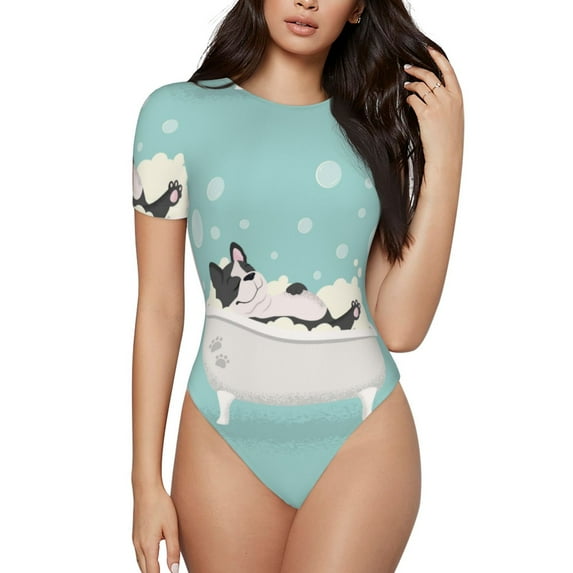 Balery French Bulldog Taking a Bath Women's Short Sleevee Crew Neck Bodysuit Tops Short Sleeve Tops Basic-Small